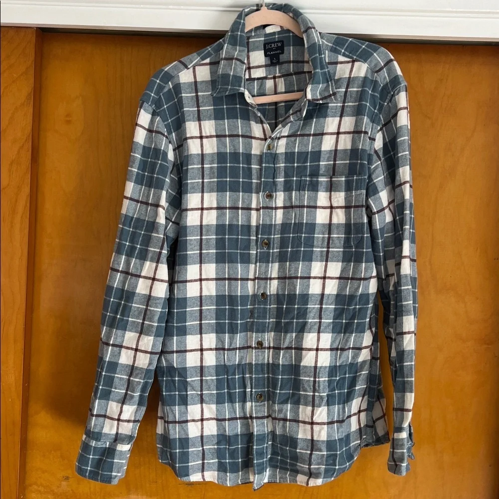 J. Crew Men’s Navy and Cream Plaid Flannel Button Down